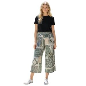 Raj Patchwork Patterned Green Wide-Leg Pants